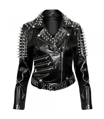New Women Fashion Black Jacket Brando Style Jacket Silver Spiked Studded Punk Fitted Leather Jacket